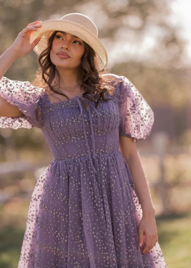Everbloom Puff Sleeve Midi Dress in Purple